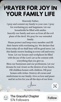 a prayer card with the words, prayer for joy in your family life