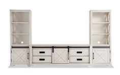 a white entertainment center with drawers and doors on the front, two open shelvings