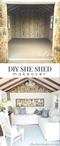 an open garage door with the words diy she shed makeover