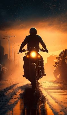 a person riding a motorcycle on a wet road at night with the sun behind them