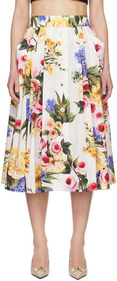 Cotton poplin skirt. Gathering and floral pattern printed throughout. · High-rise · Partially elasticized waistband · Button closure · Logo printed at front · Vented side seams · Zip closure at back · Unlined · Mother-of-pearl hardware Part of the Flower Power collection. Supplier color: Giardino Floral Print Full Skirt For Daywear, Floral Print Flared Skirt For Daywear, Daywear Floral Print Flared Skirt, Non-stretch Cotton Skirt With Floral Print, Non-stretch Floral Print Skirt, Elegant Floral Print Voluminous Skirt, Floral Skirt Outfits, Non-stretch Floral Print Midi Skirt, Poplin Skirt