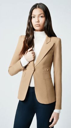 Smythe Classic Duchess Blazer in Camel - Estilo Boutique 2024 Outfits, 120 Lbs, Out Back, Breasted Blazer, Top Selling, Brass Hardware, Timeless Classic, Single Breasted, Size Guide