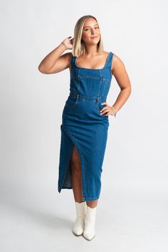 Denim midi dress blue Dress With Cowgirl Boots, Midi Dress Blue, Denim Midi Dress, Trendy Denim, Zach Bryan, Affordable Dresses, Women's Boutique, Blue Midi Dress, Oklahoma City