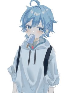 an anime character with blue hair wearing a hoodie and holding something in her hand