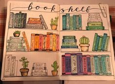 an open book with bookshelves and cacti on it