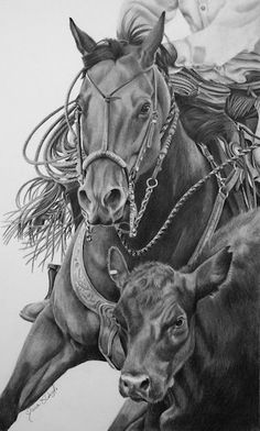 a pencil drawing of two horses and a cow in the air with their heads turned to look like they are racing each other