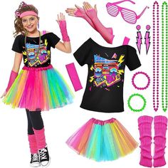 PRICES MAY VARY. KIDS SIZE LUXURY 14 PCS SET --1* 80S Off Shoulder T-shirt, 1* 80S tutu, 2* fingerless fishing net gloves, 2* chunky knit leg warmers, 2* necklace, 2 *bracelets, 1* blinds glasses, 1* headband, 1 pairs earings. The most complete 80s clothing accessories kit, will do meet your needs. HIGH QUALITY MATERIAL--Our T-shirt is made of soft polyester-cotton fabric will breathable and comfortable skin-friendly. Colorful Ballet skirt is made of nylon yarn fabric with high elasticity belt, 1980s Theme, 80s Costume, Accessories Set, Fancy Outfits, Leg Warmers, Costume Accessories, Halloween Party, For Girls