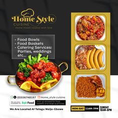 an advertisement for a restaurant called home style with pictures of different foods and dishes on it