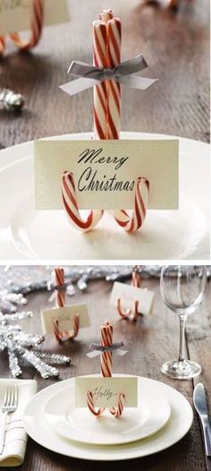 a table set for christmas with place cards and candy canes