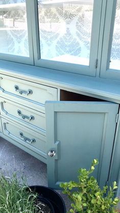 a green cabinet with drawers and plants in it