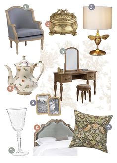 a collage of antique furniture and accessories including a teapot, mirror, lamp, table with pictures on it