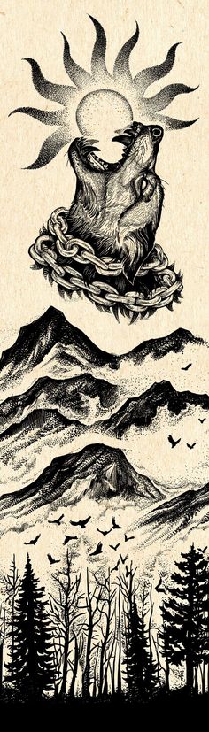 an ink drawing of a bird flying in the sky over mountains and trees with birds around it