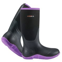 a pair of black and purple rubber boots