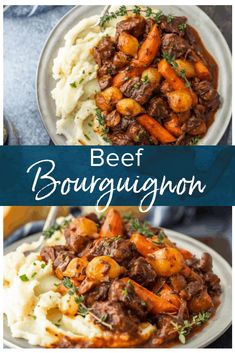 beef bourguguignon with mashed potatoes and carrots on a plate