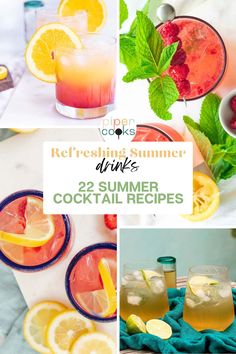 summer cocktails with lemon, raspberry and mint on the side are featured in this collage