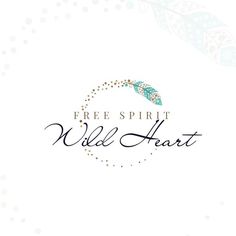 the free spirit wild heart logo on a white background with blue and green feathers in it