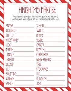 a red and white striped printable christmas wish list with the words finish my phrase