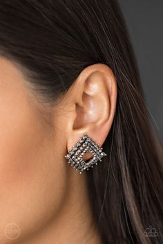 Gradually increasing in size, glittery hematite rhinestones are encrusted along three stacking gunmetal frames for a regal look. The square frames slightly curve in towards the ear for an edgy finish. Earring attaches to a standard clip-on fitting. Sold as one pair of clip-on earrings. P5CO-SVXX-053XX Paparazzi Accessories, The Ear, The Square, Paparazzi Jewelry, Square Frames, Amazing Jewelry, Post Earrings, Fashion Earrings, Clip On Earrings