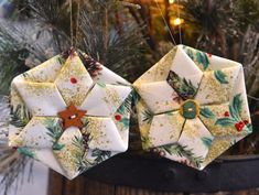 two ornament ornaments hanging from a christmas tree