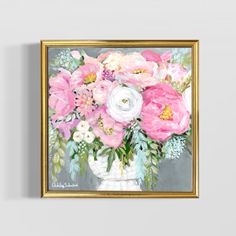 a painting of pink and white flowers in a vase on a gray background with gold frame