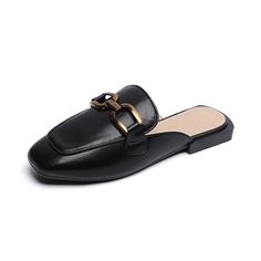 spring women's new slippers flat square mule outdoor casual shoes Korean style Stylish metal design banquet and office wear Elegant Mules With Metal Feet And Round Toe, Flat Mules For Office, Trendy Closed Toe Office Mules, Elegant Closed Toe Mules With Metal Feet, Formal Flat Heel Slippers For Spring, Elegant Flat Mules With Metal Feet, Elegant Flat Heel Mules For Office, Elegant Workwear Slippers For Spring, Trendy Flat Mules For Office