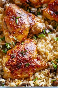 chicken and rice in a pan with parsley on top