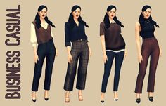 four different poses of women in black and brown outfits, with the caption business casual