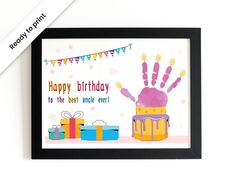 a birthday card with an image of a handprinted cake and presents on it