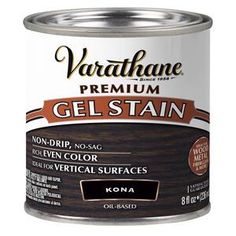 a can of brown gel stain paint on a white background with the words, varatane