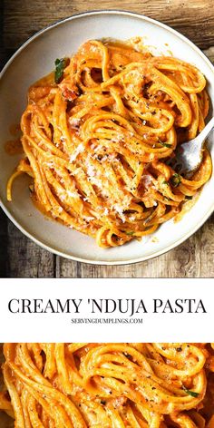 creamy, nutritious pasta is served in a white bowl