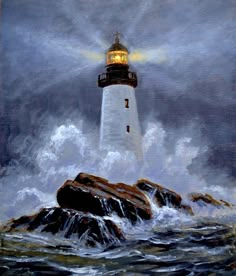 a painting of a lighthouse in the ocean