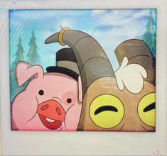 an image of two pigs and a piggy in the sky with trees behind them