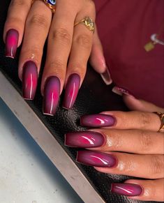 Red And Purple Acrylic Nails, Red Purple Nails, Purple Red Nails, Red And Purple Nails, Plum Purple Acrylic Nails, Purple And Red Nails, Plum Coffin Acrylic Nails, Plum Gradient Nails, Purple Aura Nails Chrome