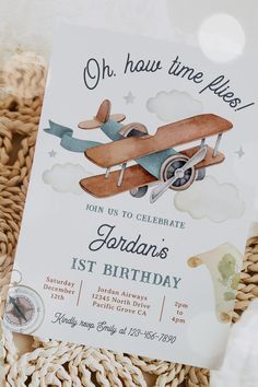 Vintage Airplane Time Flies Travel 1st Birthday Invitation Airplane Birthday Party Two, Plane 2nd Birthday Party, Airplane Themed 2nd Birthday Party, 2nd Birthday Airplane Theme, Two Fly Birthday Party Boy, Two Fly Birthday Party, Airplane 2nd Birthday Party, Baby Boy First Birthday Ideas