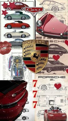 an advertisement for the porsche brand with red and green cars on it's side