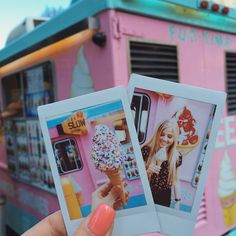 two polaroid pictures are being held up in front of a food truck with ice cream