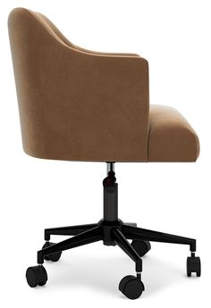 a brown office chair with wheels and casteors on an isolated white background, viewed from the front