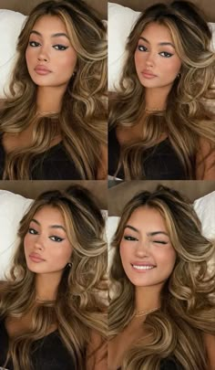 Rich Brown With Blonde Highlights, Best Hair Color For Latinas Brown Eyes, Summer Hair Color For Olive Skin Tone, Blonde Hair On Black Hair, Best Hair Color For Brown Eyes, Honey Blonde Hair On Latinas, Latina Blonde Hair Olive Skin, Money Hair