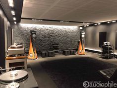 a room with speakers and lights in it