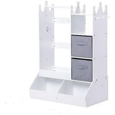 a white shelf with two drawers and some shelves on top of each other in front of a white background