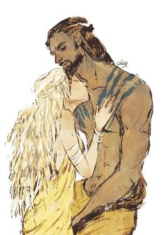 a drawing of a man hugging a woman with long hair and wearing a yellow dress