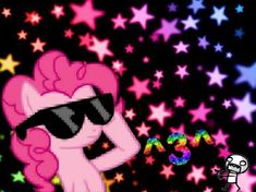 a pink pony with sunglasses and stars in the background is looking at a rainbow star wallpaper