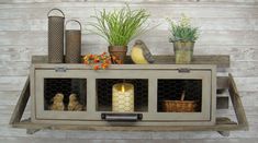 a shelf with some plants and candles on it