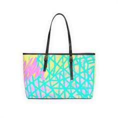 Large Leather Tote Shoulder Bag, Cyan Blue Lime Green And Pink Pattern. This versatile tote bag is tailored for the modern woman who prioritizes practicality and style. This bag was created with a large interior and well-thought-out compartments, this tote effortlessly caters to your needs for any occasion. Designed with functionality in mind, it seamlessly blends into your busy lifestyle while making a fashion-forward statement. This tote allows you to showcase your individuality effortlessly. Lightweight yet sturdy, it holds up to daily use with ease, ensuring reliability wherever you go. Whether you're running errands or meeting friends for a casual outing, this tote is the perfect companion. Discover the convenience and versatility of our tote bag today and elevate your everyday carry Cyan Blue, Meeting Friends, Large Leather Tote, Busy Lifestyle, Pink Pattern, Green And Pink, Everyday Carry, Modern Woman, Running Errands