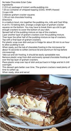 the recipe for chocolate eclair cake on a plate