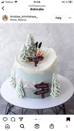 the cake is decorated with trees and skis on it's top, along with other decorations