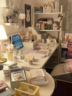 a desk with many items on it in a room