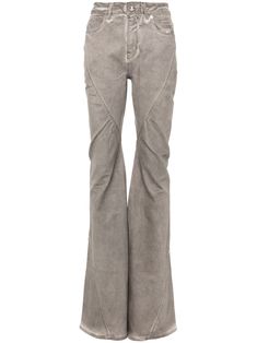 dust grey stretch-cotton washed denim coated finish crinkled finish mid-rise belt loops classic five pockets bootcut concealed fly and button fastening Fitted Washed Black Flare Jeans With Five Pockets, Fitted Flare Jeans In Washed Black With Five Pockets, Fitted Flare Jeans With Five Pockets In Washed Black, Fitted Flare Jeans In Washed Black, Gray Fitted Wide Leg Jeans, Rick Owens Drkshdw, Jeans Grey, Yoko London, City Dress