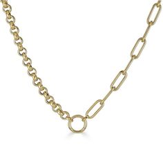 Our 14k yellow gold semi-hollow Italian made half chunky rolo half round paper clip link chain comes with an enhancer clasp, which give you the option to easily add a charm. A perfect layering chain.   Item Information Metal: 14k Gold Approx. Weight: 10.6g  Link Size: Rolo: 6mm Paper clip: 6x15mm Enhancer clasp: 12mm C Luxury Rolo Chain Necklace With Round Pendant, Luxury Necklaces With Rolo Chain, Luxury Rolo Chain Round Necklace, Luxury Gold Plated Rolo Chain Necklace, Luxury Dainty Rolo Chain Necklace, Luxury Yellow Gold Necklace With Rolo Chain, Paper Clip Chain Necklace, Heart Necklace Diamond, Initial Jewelry