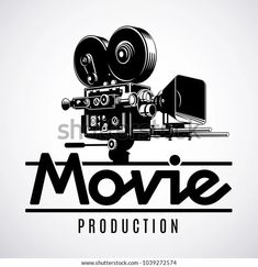 a movie projector with the word movie written in black and white on a gray background